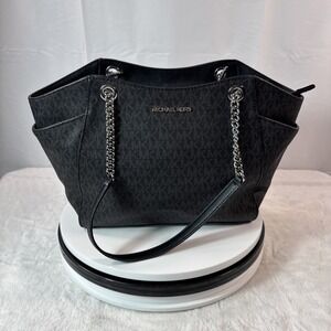 Michael Kors Jet Set Large Signature Logo Shoulder Bag Black W/ Silver Hardware
